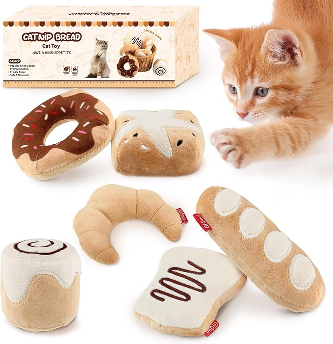Gigwi Catnip Toys for Cats, Interactive Plush Kicker Toys Set Bread Design, Crinkle Pet Toys for Enrichment with Refillable Catnip, Safe Material Kitten Teething Toys for Chewing, 6 Pack