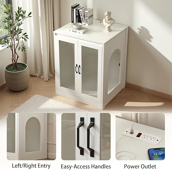 Cat Litter Enclosure with Cat-Viewing Glass Doors, Litter Cabinet with Power Outlet and Cozy LED Lights, Reversible and Optional Entry,White