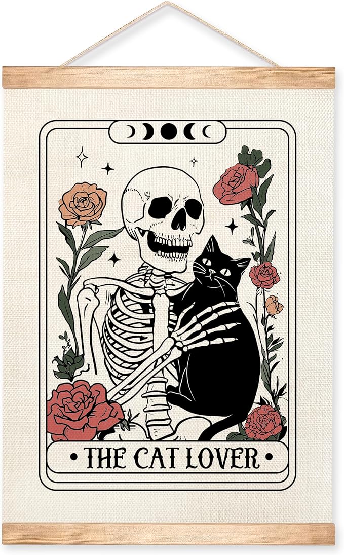 HEYJEEPER The Cat Lover Tarot Card Wall Art Decor,14x18inch Retro Skeleton and Cats Linen Wall Hanging Poster with Wood Hanger,Funny Gift for Cat Lovers,or Pet Shop(Cat01)