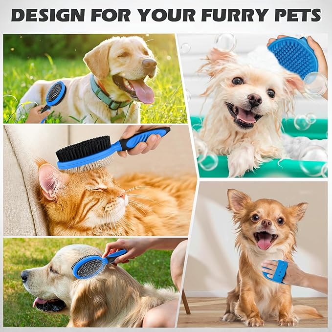 2PCS Pet Grooming Tools - Double-Sided Brush for Shedding and Bathing, Suitable for Short/Long Haired Dogs Cats and Horses, Deshedding Dog Brush, Mane & Tail Combs for Horses - Pet Supplies (Blue)