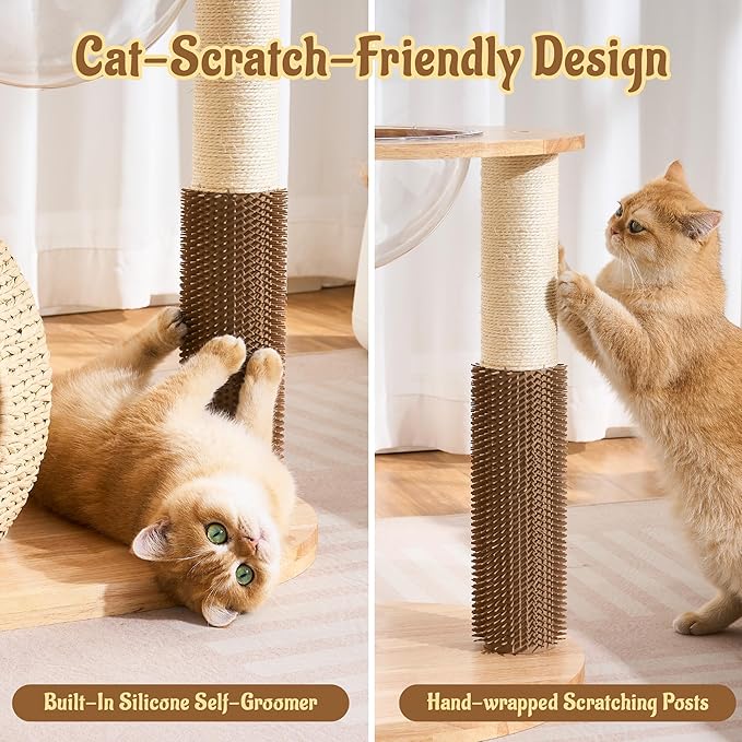 38" Modern Cat Tree Tower for Indoor Cats, Solid Wood Cat Furniture with Handwoven Rattan Basket Bed & Cave, Capsule Nest, Sisal Scratching Posts and Self-Groomer, Space-Saving Cat Condo