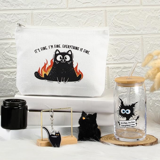 Hushee 3 Pcs Cat Lover Gifts for Women Gifts Everything Is Fine Makeup Bag and Glass Cup with Lid Straw Keychain for Mother Day Friends Mom Coworker Favors