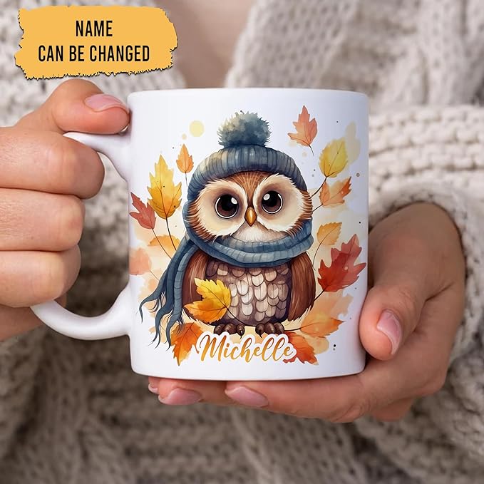 Hyturtle Personalized Fall Owl Maple Leaves Coffee Mug - Birthday Gifts For Owl Lovers - Fall Autumn Decor Gifts For Farmhouse Thanksgiving - Custom Name 11oz White Ceramic Coffee Tea Mug