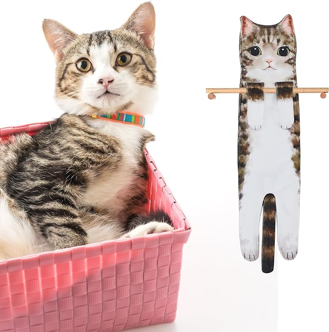 Funny Hand Towels for Bathroom Kitchen Decor - Cute Cat Hanging Hand Towel Kitchen Gadgets - Unique Housewarming Birthday Christmas Cat Lover Gift Ideas for Women Mom Lady Adults