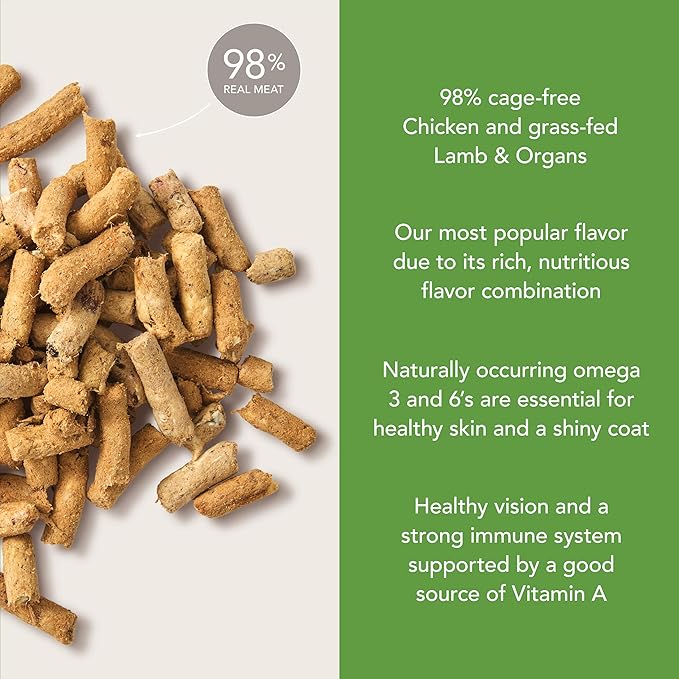 Feline Natural High Protein Dry Cat Food, Freeze-Dried Diet with 98% Meat, Organs & Seafood, No Peas, Grains, or Artificial Additives, Made in New Zealand, Chicken & Lamb, 3.5oz