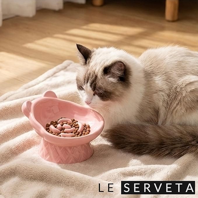 Winnie The Pooh Series Ceramic Slow Feeder Cat Bowl, Raised Anti-Gulping Design with Bear Ears, Pastel Colors, Quilted Pattern Base (Pink)