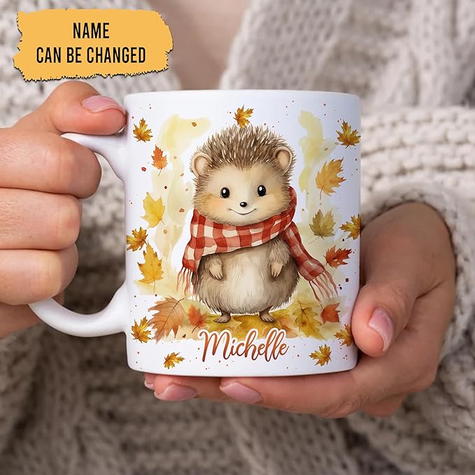 Hyturtle Personalized Fall Hedgehog Maple Leaves Coffee Mug - Birthday Gifts For Hedgehog Lovers - Fall Autumn Decor Gifts For Farmhouse Thanksgiving - Custom Name 11oz White Ceramic Coffee Tea Mug
