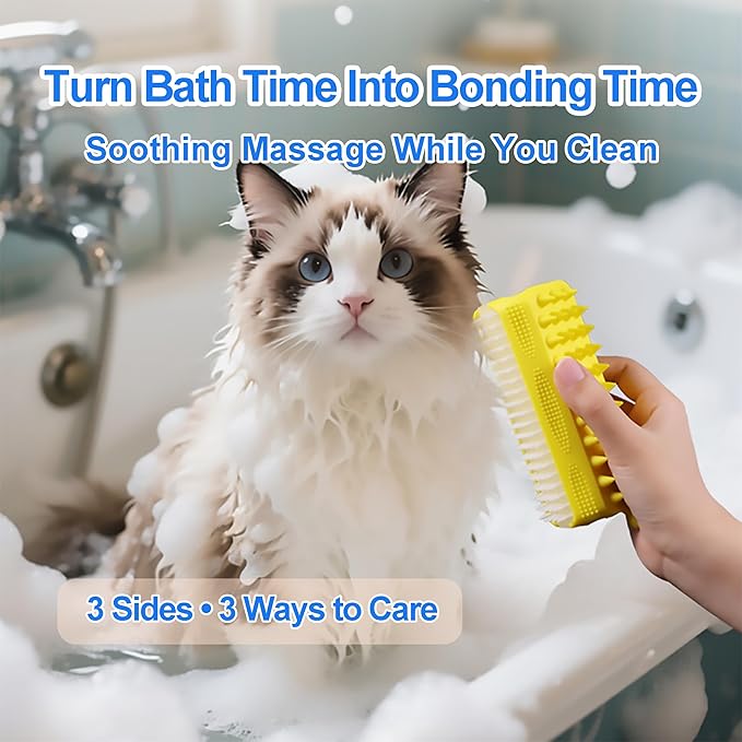 Triangular Wrap-Around Pet Grooming & Bath Brush for Dogs & Cats – 3-in-1 Silicone Dog Bath Brush with Deshedding Bristles, Massage Cones & Deep Cleaning Nubs, Soft Flexible Self-Cleaning Design,Gray
