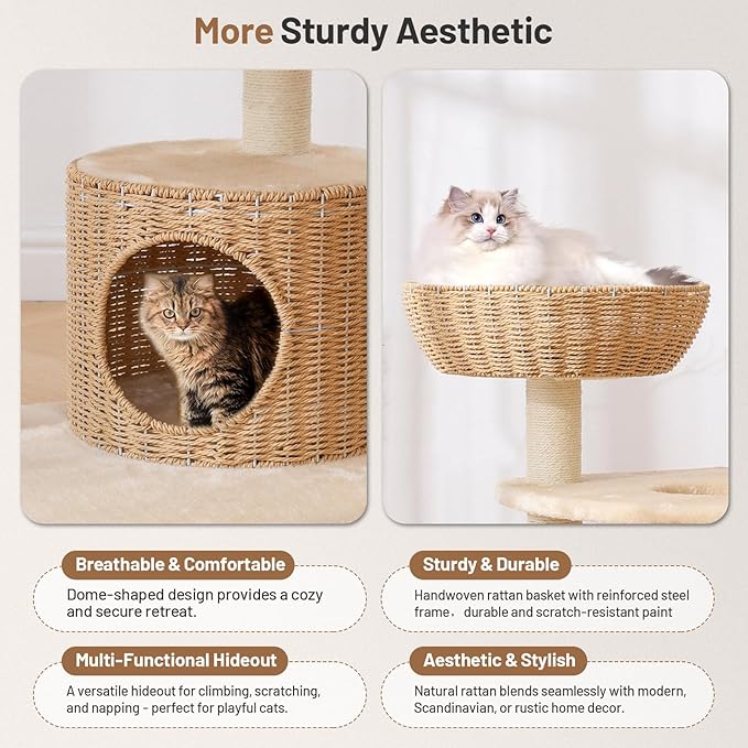 Modern Rattan Cat Tree House Condo Tall Heavy Duty Cat Climbing Tower with Scratching Post,Basket,Bed,and Stand for Indoor Large Adult Cat