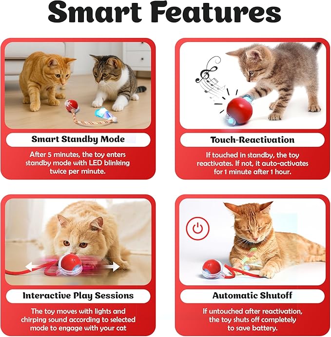 Interactive Cat Toys for Indoor Cats with Feather, Rechargeable Automatic Cat Toy Keeps Your Cat Active & Engaged, Durable & Safe Speedy Tail 2.0 Cat Toy (Red)