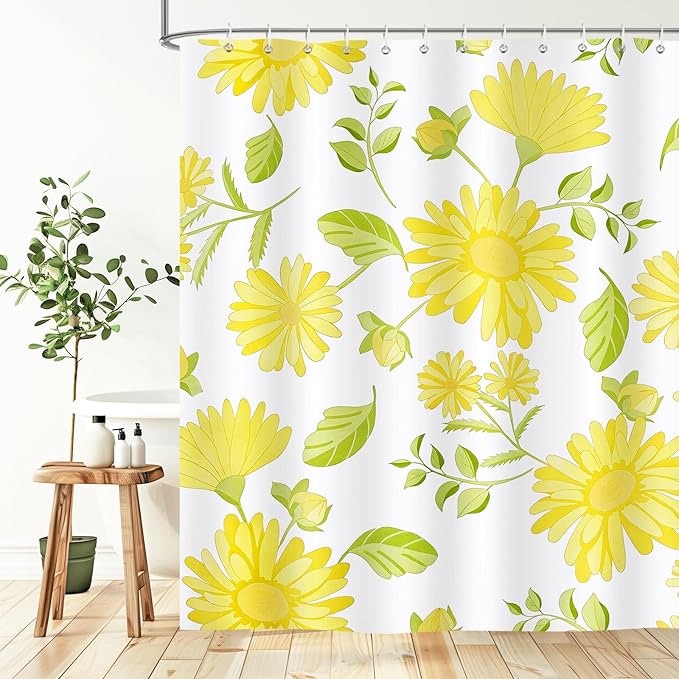 Yellow Daisy Floral Shower Curtain,Spring Summer Sunflower Botanical Waterproof Polyester Fabric Bath Curtain with 12 Hooks,Bright Aesthetic Flower Bath Decor, 72 x 72 Inch