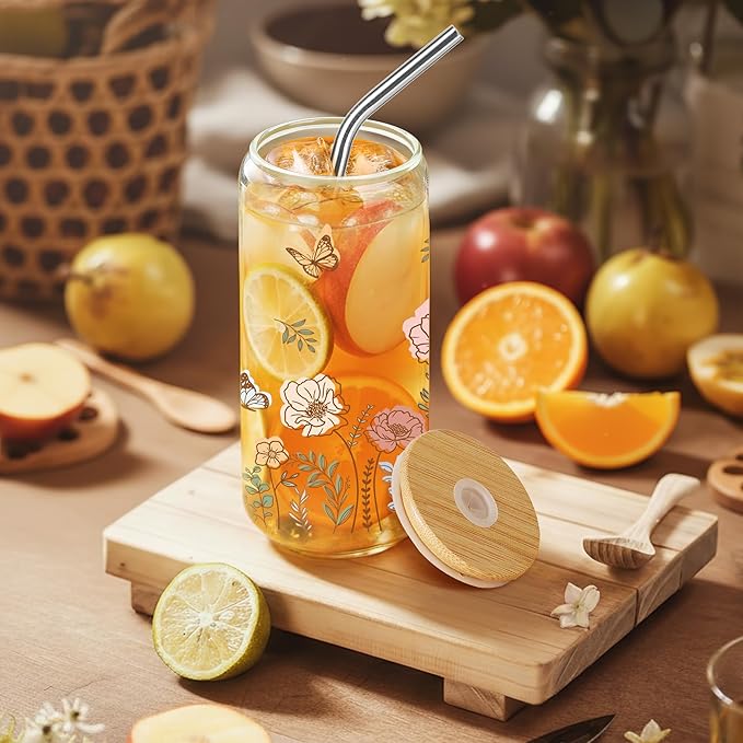 Joeyan Glass Cups with Lids and Straws - 20oz Iced Coffee Cup, Boho Floral Butterfly Glass Tumbler, Aesthetic Drinking Glasses for Smoothie Boba Tea, Birthday Mothers Day Gifts for Women, Mom, Friend