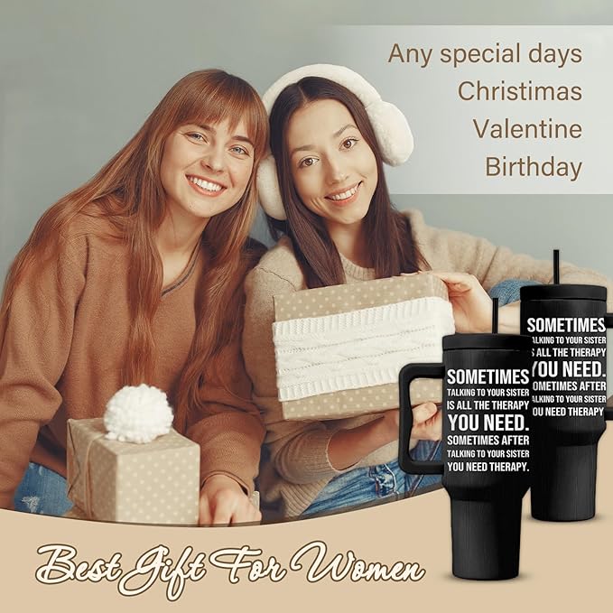 Sisters Gifts Sometimes Talking to Your Sister ls All the Therapy You Need, 40 Oz Friendship Tumbler For Women, Best Sisters Friends Tumbler With Handle, Birthday Gifts For Women Bestie Best Friends