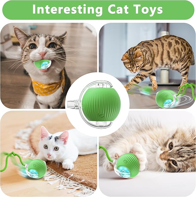 Interactive Cat Ball Toys,Indoor Moving Cat Toys, Automatic Rolling Toy with Cord, Interesting Rotating Ball Toy for Dogs and Cats (Green)