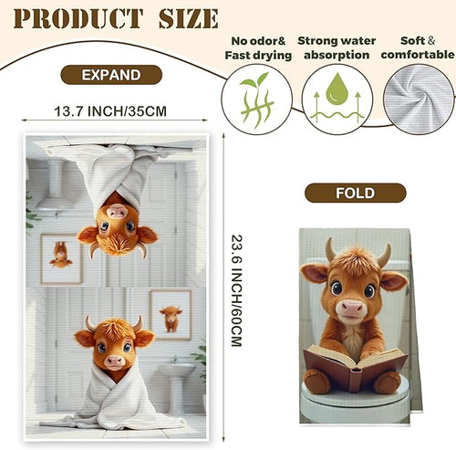 Bath Towels Set of 2, Cute Highland Cattle Dish Towel for Bathroom Spa Washroom, Western Calf Fast Drying Decorative Hand Towels, Farmhouse Housewarming Xmas Gifts for Women Mom -B22