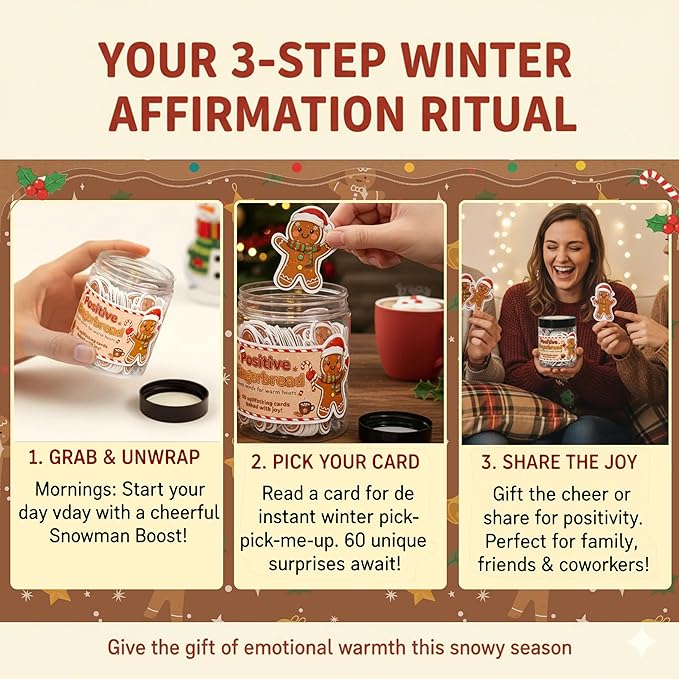 Positive Gingerbread Christmas Jar with 60 Affirmation Cards, Emotional Support Gingerbread Holiday Gift, Cute Gingerbread Decor, Christmas Gingerbread Gifts for Women, Men, Teens, Teachers