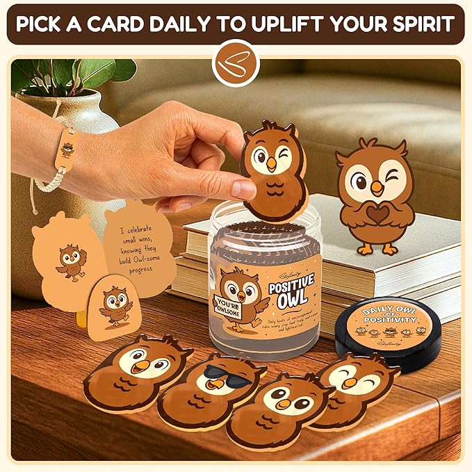 Stofinity Positive Owl Affirmation Jar – Emotional Support Owl Gifts For Women, 60 Stress Relief And Daily Encouragement Cards, Christmas Basket White Elephant Exchange Gift Ideas
