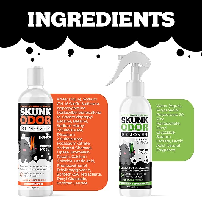 Pets Skunk Odor Remover System w/Activated Charcoal | Ultimate Dual-Action System for Dogs & Cats | Skunk Shampoo & Spray Smell Eliminator | Vet-Approved Cleansing for Dogs, Cats & Home