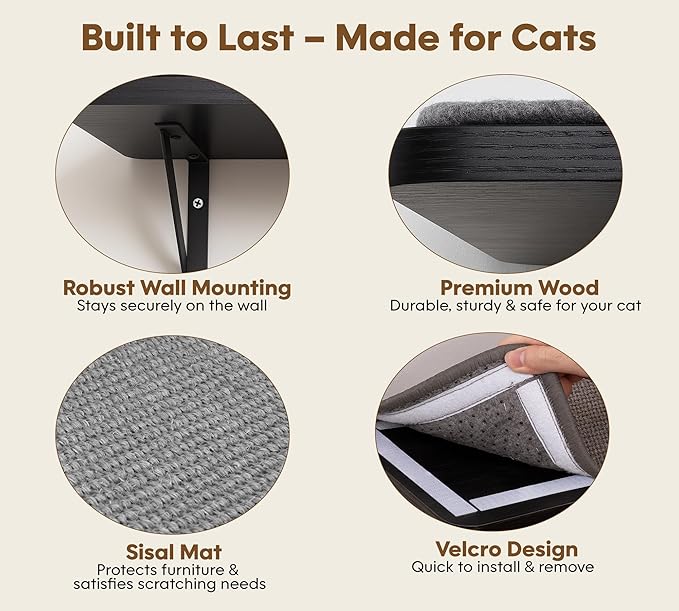 Cat Wall Shelves Set of 2, Black Solid Wood Cat Lounging Shelf with Grey Sisal Cushion, Wall-Mounted Space-Saving Climbing Shelf, Window Perch for Kittens & Cats, Black Furniture for Indoor