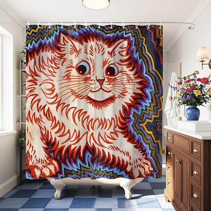 Louis Wain Cats Prints Shower Curtains,Psychedelic Style Cat Shower Curtains,Funny Waterproof Polyester Louis Wain Art Psychedelic Decor for Bathroom or Animal Lover,72 x 72 in