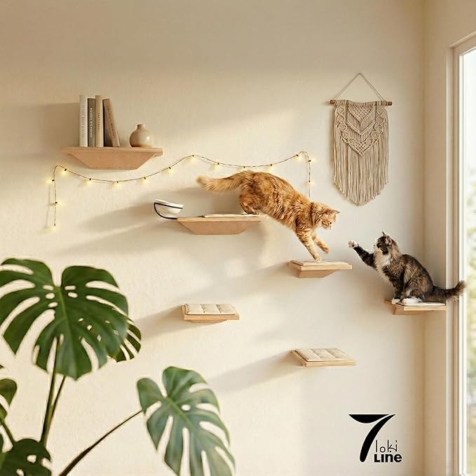 Wall Mounted Cat Shelves with Elevated Ceramic Feeding Station–Scandinavian Floating Design, Solid Plywood, Two Climbing Steps with Cotton Mats, Modern Cat Wall Furniture Set 300 ml Bowls