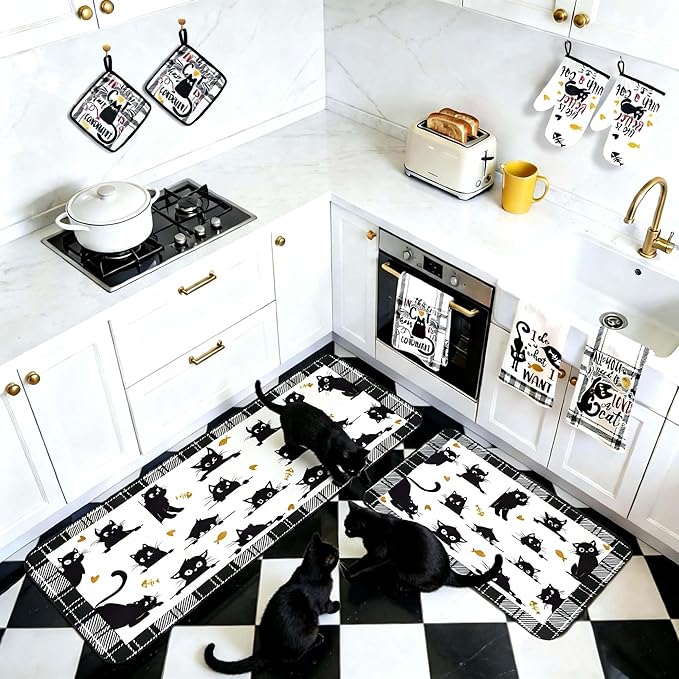 10 Pcs Black Cat Themed Kitchen Decor and Accessories - Sets 4 Kitchen Towels 2 Pot Holders 2 Oven Mitts 2 Rugs for Bathroom Cute Kitty Cooking Farmhome Housewarm Kitten Checkered Baking Gifts