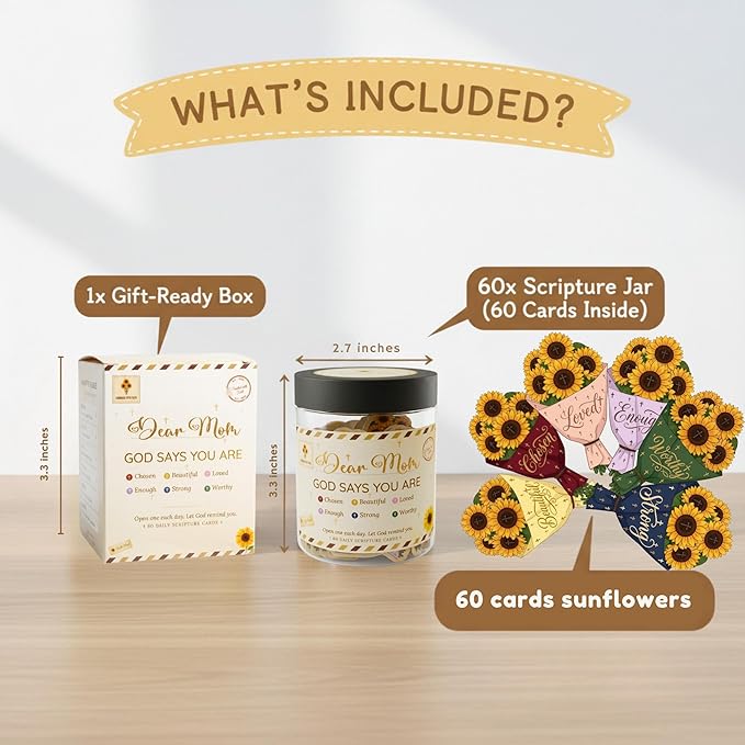Bible Verse Jar for Mom — Dear Mom God Says You Are, 60 Daily Scripture Encouragement Cards, Sunflower Affirmation Jar, Christian Mothers Day Gift from Daughter Son