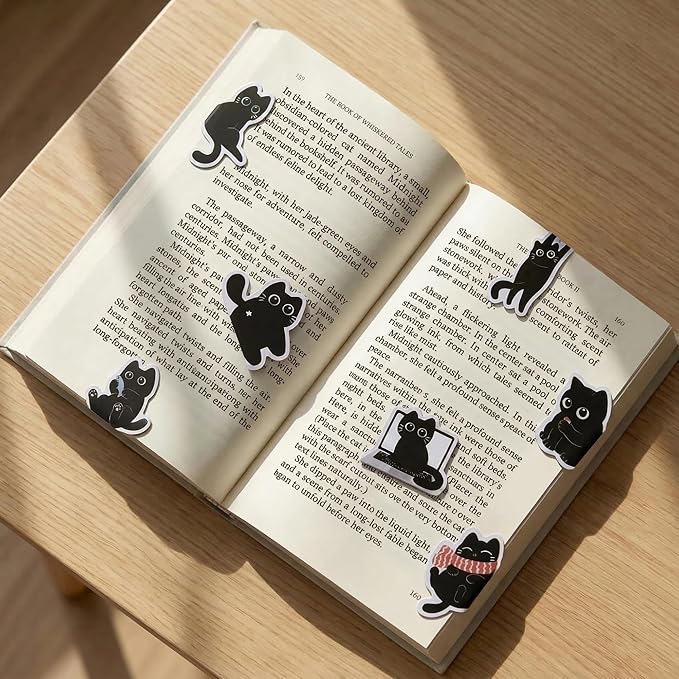 Cats Magnetic Bookmarks Gifts - 15 Pcs Black Cute Funny Bookmark for Women Kids Cats Lovers Students Bookworms Birthday Graduation Gift Magnet Page Clips School Office Reading Accessories