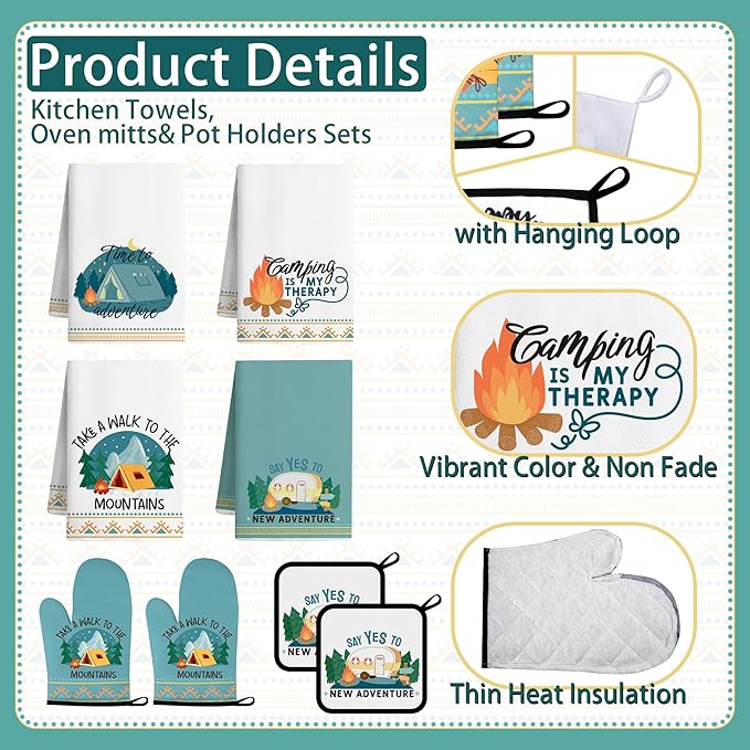 10 Pcs Camping Kitchen Decor and Accessories - Sets 4 Kitchen Towels 2 Pot Holders 2 Oven Mitts 2 Rugs for Kitchen Bathroom Home Funny Cooking Farmhome Housewarming Baking Gifts for Rv Campers