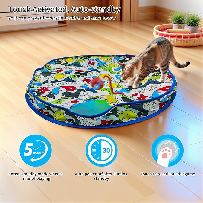 Interactive Cat Toy for Indoor Cat, Hide and Seek Cat Toy, Play Mat Toys with Self Rolling Ball in Pouch, Motion Activate&Buzzing, Rechargeable Pet Teaser Toy (Blue)