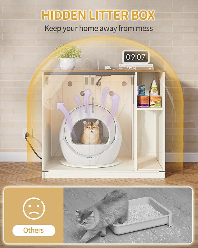 Extra Large Cat Litter Box Enclosure, Hidden Self-Cleaning Litter Box Furniture with Rotating Stand, Farmhouse Cat Cabinet with Power Outlet & Light, Cats House, Rustic White CB86414XV1