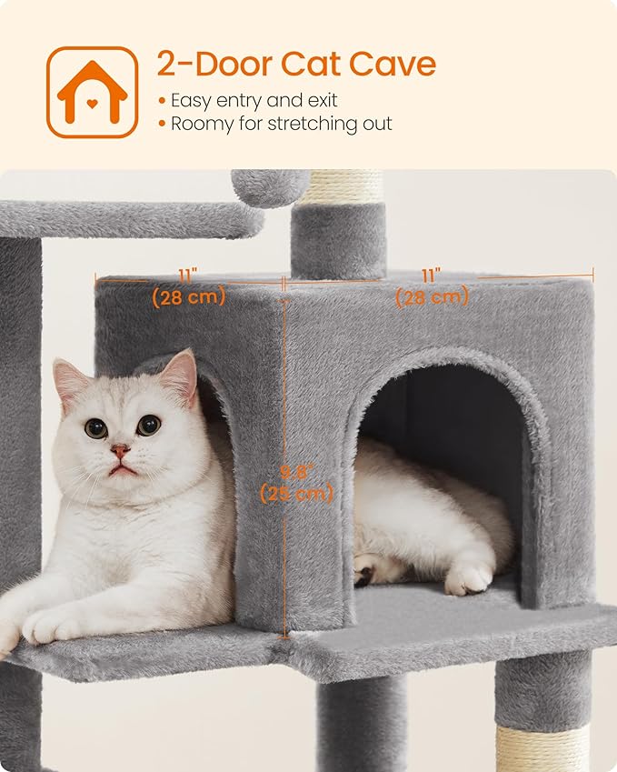 Feandrea Cat Tree, 44.1-Inch Cat Tower, Plush Multi-Level Condo with 4 Scratching Posts, 2 Perches, Hammock, Cave, Light Gray UPCT261W01