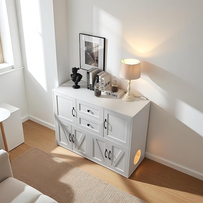 Spacious Wooden Double Cat Litter Cabinet with Drawers for Two Cats, Indoor Dog-Proof Cat House with Dual Compartments, 47.6 Inch Modern Privacy Litter Box Furniture (White)