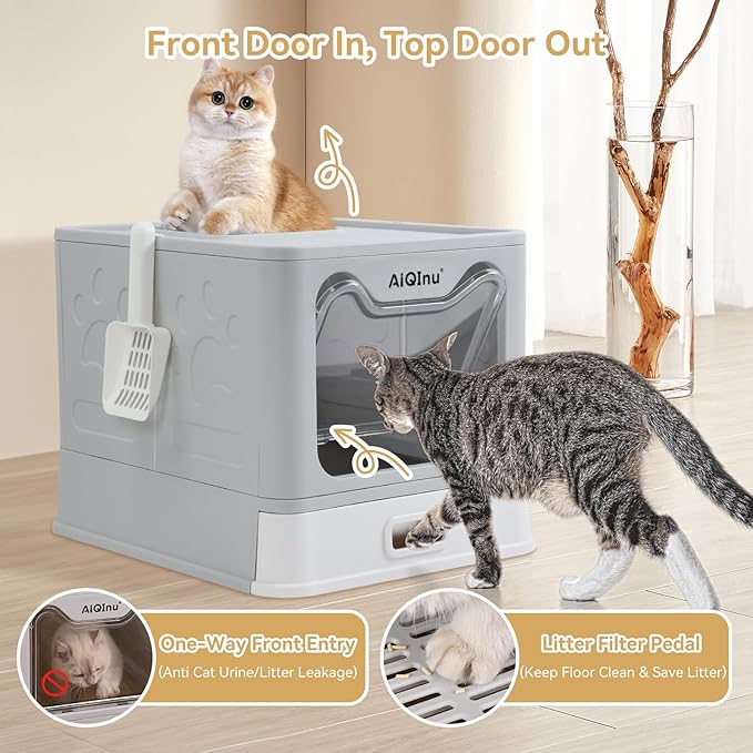 AiQInu Foldable Stainless Steel Cat Litter Box with Lid & Scoop, Large Enclosed Metal Litter Box with High Sides, Anti-Leakage & Odor Control, Easy Clean, for Big Cats Up to 20 LBS
