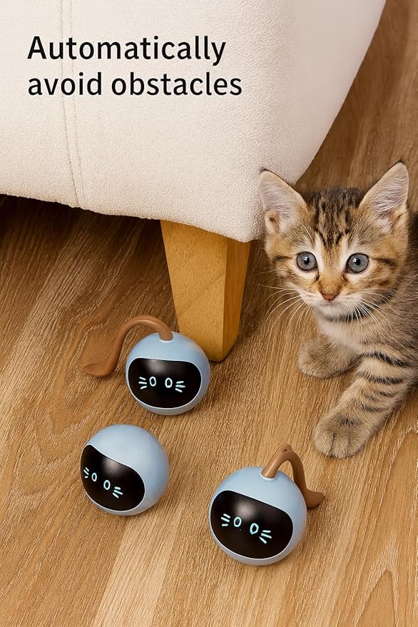 Smart Interactive Cat Ball Toy for Indoor Cats USB Rechargeable, Auto Rolling & Light-Up, Motion-Activated with Teaser Tail, Self-Play Exercise Toy