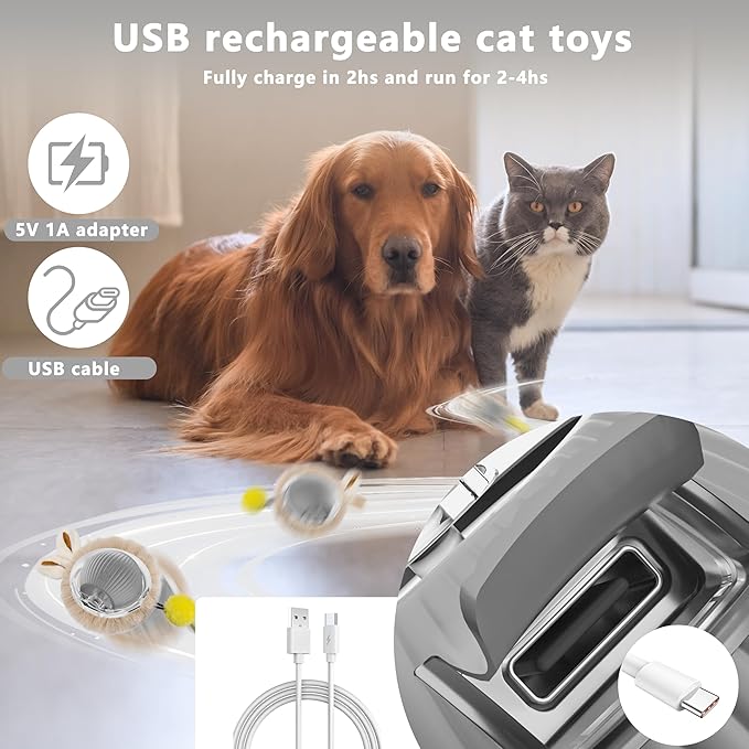 Moving Cat Toy Ball, Automatic Moving Toys for Indoor Cats, Smart Rolling Kitten Toys, Cat Self Rotating Balls with Lights, Recharge Interactive Kittens Balls with USB Cable, Gray