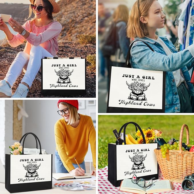 Canvas Tote Bag for Women, Cute Highland Cow Gifts for Cow Lover, Western Gift for Women Aesthetic Tote Bag Reusable Bag, Birthday Christmas Gift for Daughter Friends Sisters Who Loves Highland Cows