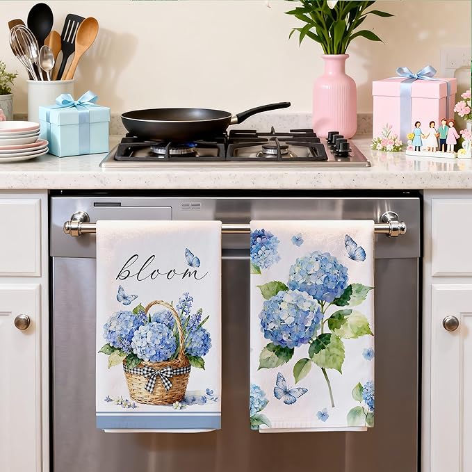 Hexagram Spring Kitchen Towels Sets of 2,Blue Flower Hand Towels for Bathroom 18x28 Inch, Spring Farmhouse Home Decorations