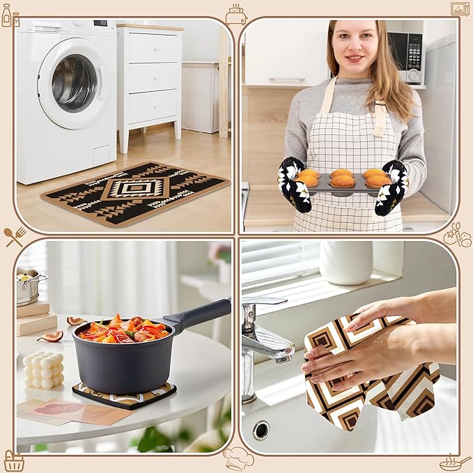 10 Pcs Western Aztec Kitchen Decor and Accessories Set 4 Kitchen Dish Towels 2 Pot Holders 2 Oven Mitts 2 Rugs for Floor Home Decorations Cooking Baking Mom Daughter Gifts Black White Brown
