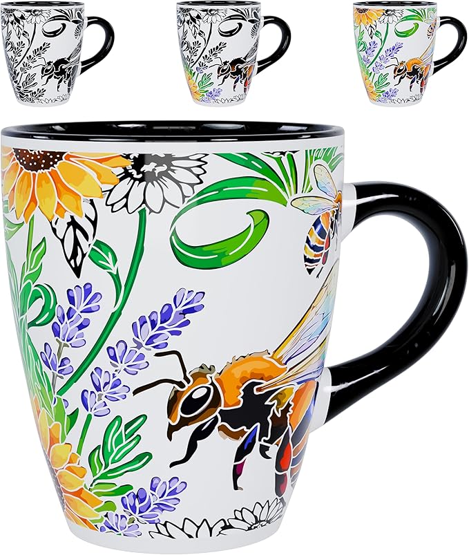 Color Changing Bee Coffee Mug 12oz – Heat Sensitive Ceramic Cup with Floral Reveal – Bee and Sunflower Gifts for Women, Unique Coffee Mugs, Christmas Holiday Gift, Perfect for Coffee, Tea or Cocoa