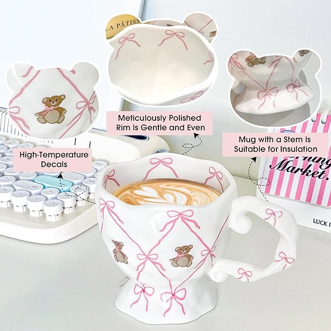 Cute Coffee Mug with Pink Bow Bear, Handmade Kawaii 14 oz Ceramic Mug for Tea Milk Latte Cocoa Funky Novelty Porcelain Cup Birthday Mothers Day Gifts for Women, Valentines Day Gifts for Her