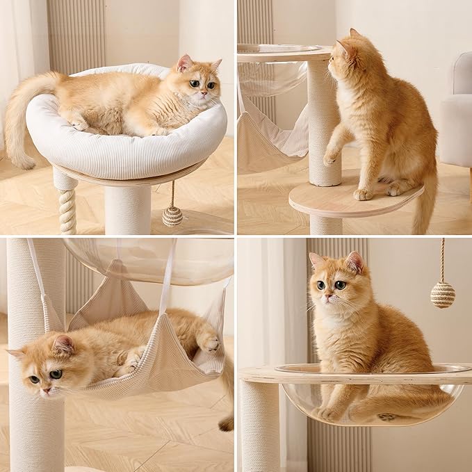 Modern Cat Tree Small Tower with Scratching Post for Indoor, Solid Wood Multifunctional Corner Cat Tree Tower with Bed
