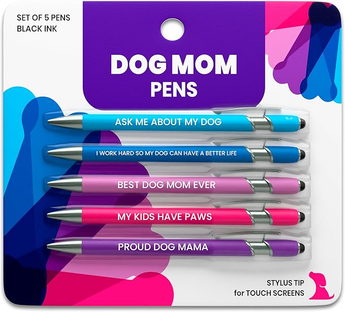 rubyloo Funny Dog Mom Gift Pen Set – 5 Black Ink Ballpoint Pens with Stylus Tips & Durable Metal Barrels with Hilarious Doggy Quotes – Cute Dog Mom Gift for Women for Mother's Day or Birthday Present