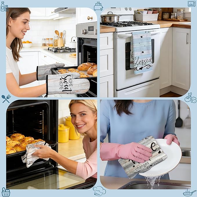 10 Pcs Farmhouse Kitchen Decor and Accessories Set 4 Kitchen Dish Towels 2 Pot Holders 2 Oven Mitts 2 Rugs for Floor Home Decorations Cooking Baking Mom Daughter Gifts Black White Brown