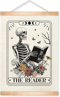 HEYJEEPER The Reader Gothic Skeleton Tarot Card Wall Art Decor, 14x18inch Canvas Wall Hanging Poster wiht Wood Hanger,Reading Wall Decor for Bedroom,or Library (Reader)