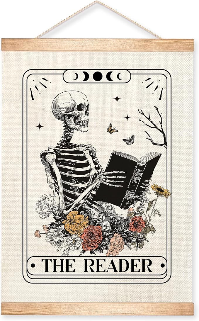 HEYJEEPER The Reader Gothic Skeleton Tarot Card Wall Art Decor, 14x18inch Canvas Wall Hanging Poster wiht Wood Hanger,Reading Wall Decor for Bedroom,or Library (Reader)