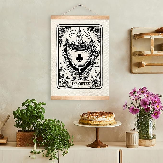 HEYJEEPER Coffee Tarot Card Wall Art ,Gothic Skeleton Hands Holding Cup Prints Linen Poster,Black and White Spiritual Hanging Wall Posters for Coffee Bar,Cafe Shop or Kitchen Home Decor 14x18inch (Coffee03)