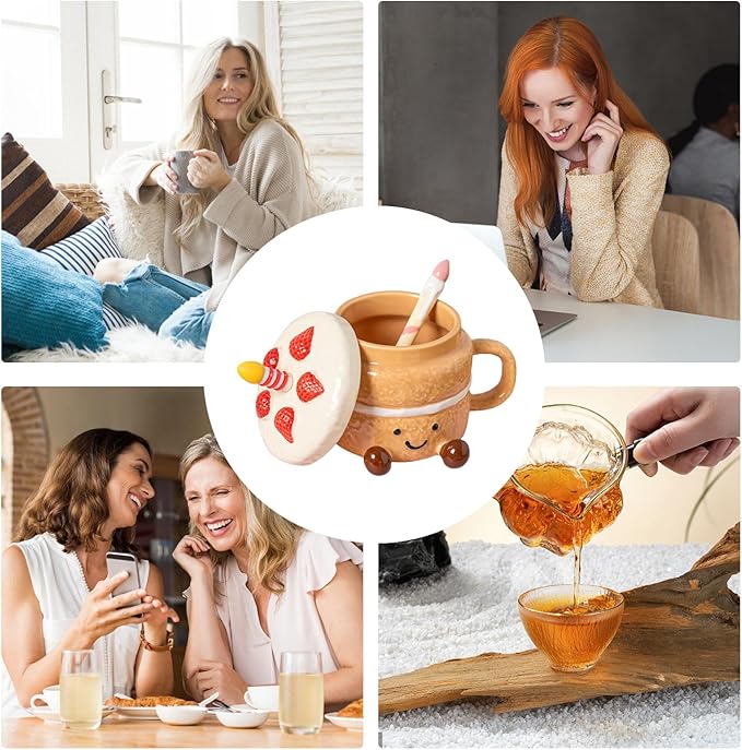 Adorable Cake Ceramic Coffee Mug, 400ml Cute funny Mug For Women, Cake Shaped Aesthetic Mugs Tea Cup with Lid Spoon for Birthday Valentines Day Home Office School