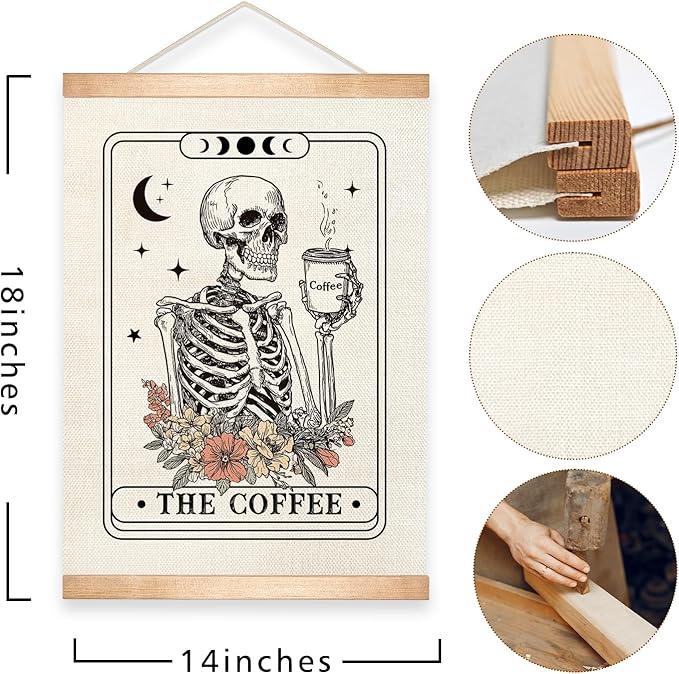 HEYJEEPER The Coffee Tarot Card Wall Art,Retro Skeleton with Floral Canvas Print Hanging Poster,Funny Skull Wall Decor for CoffeeBar,Cafe Shop or Kitchen,Coffee Lovers Gift 14x18inch