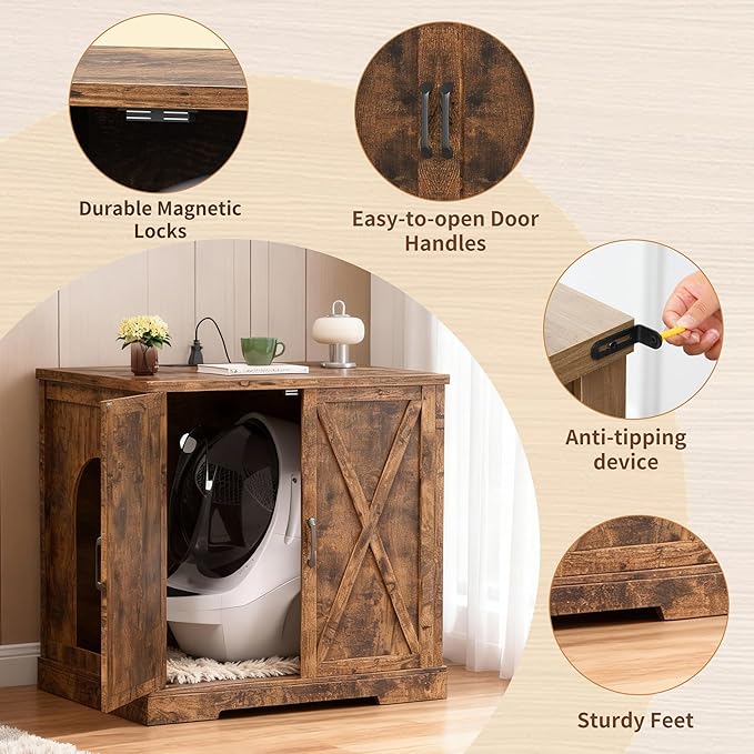 Hey-brother Enclosure for Self Cleaning Cat Litter Box, Large Hidden Litter Box Furniture with Charging Station, Suitable for Automatic Cats Litter Boxes and Robot, Vintage, Rustic Brown JCLB004SR